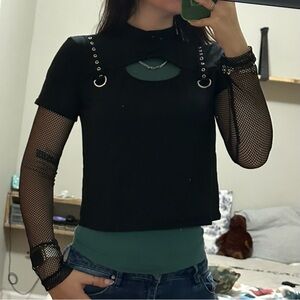 Hot Topic Fishnet & Grommets Mock Neck Twofer Top